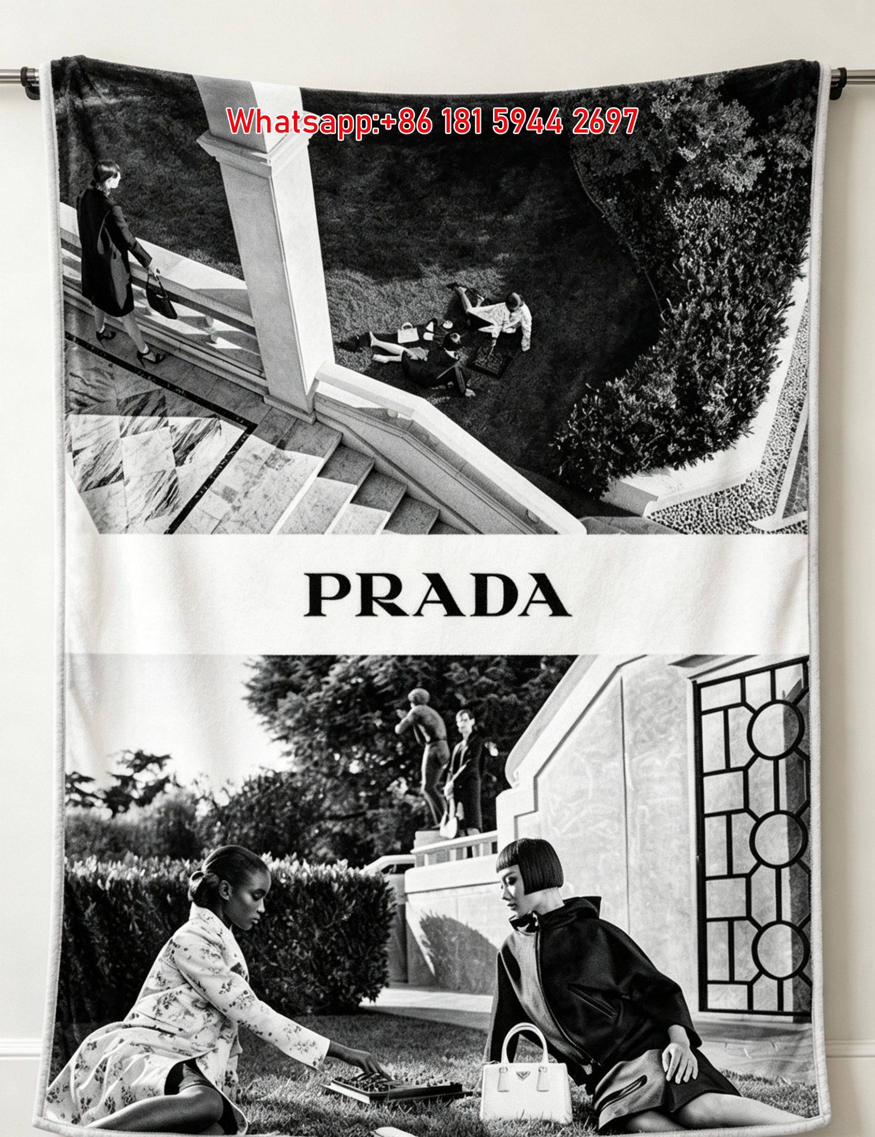 Prada Black and White Luxury Fashion Print Flannel Throw Blanket IMG_2804